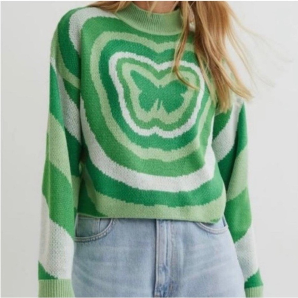 DIVIDED H&M Sweater Women Sz XS Green White Butterfly Cropped Boxy Knit Pullover